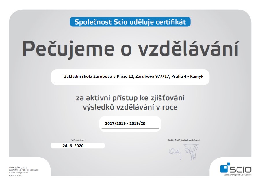 Certifikát Scio: Pečujeme o vzdělávání